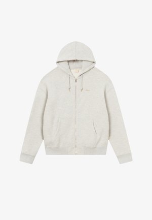 Light gray zip-up hoodie made of soft fabric, featuring a hood, front pockets, and gold-tone hardware accents.