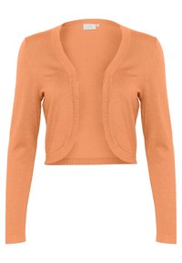 Cárdigan corto color naranja claro con mangas largas y apertura frontal, tejido de punto, etiqueta de tamaño mediana visible dentro del cuello.
