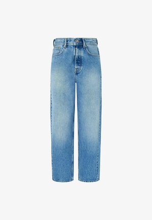 Light blue denim jeans with a straight-leg design, high waist, front pockets, and a button closure. Features subtle fading and no embellishments.