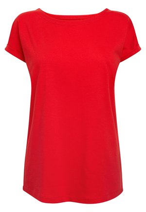 Rotes Baumwoll-T-Shirt mit kurzen Ärmeln, rundem Ausschnitt und lockerer Passform. Glatte Textur und keine sichtbaren Muster oder Akzente.