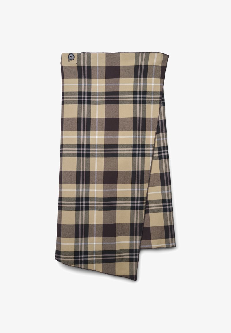 Étoffe en plaid avec un motif beige, marron et vert, agrémenté d'accents noirs et bleu clair. Un détail de bouton est visible en haut.