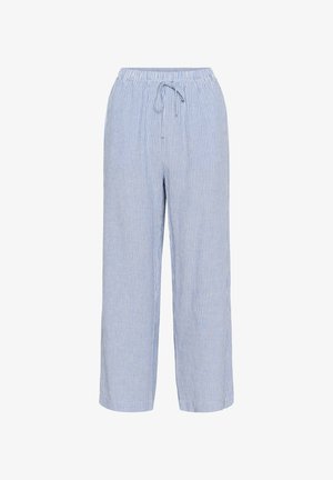 Kék és fehér csíkos, bő szabású nadrág rugalmas derékkal és zsinórral. Könnyű anyagból készült, amely puha tapintású.