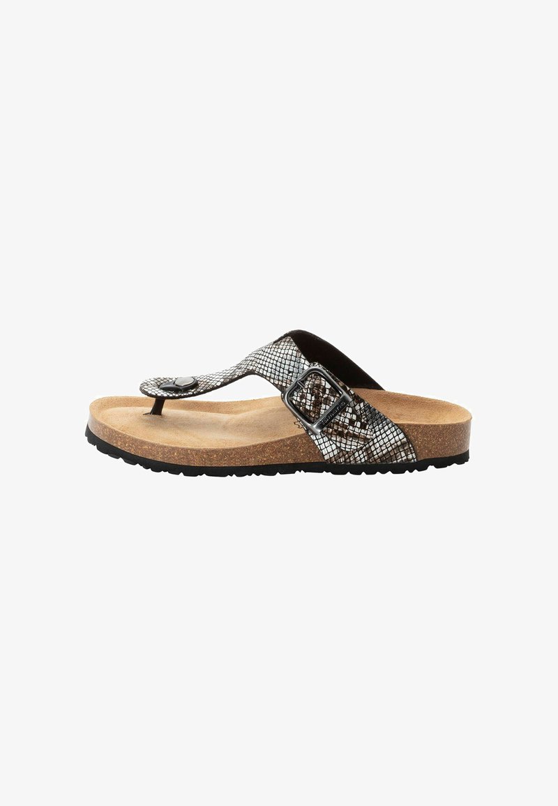 Tongs à motif noir et blanc avec une semelle intérieure en liège, une boucle ajustable et une semelle texturée pour une meilleure adhérence. Design plat avec un soutien de voûte plantaire minimal.