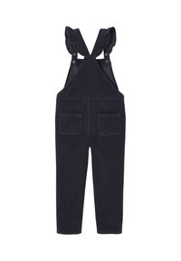 Dark navy corduroy overalls with ruffled straps and two back pockets, featuring metal snaps and a textured fabric finish.