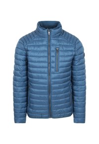 Gewatteerde jas in lichtblauw, met een hoge kraag, geribbelde textuur en een ritssluiting op de borstzak. Zacht materiaal met horizontale stiksels.