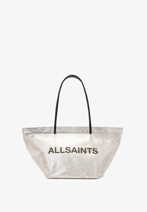 Silver tote bag with black handles, featuring a glossy texture and bold "ALLSAINTS" logo in dark print. Large, rectangular design.
