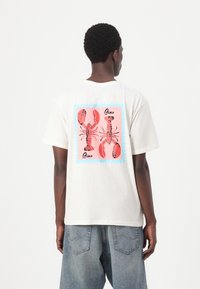 Tricou alb din bumbac cu un graphic colorat de homar pe un fundal roz asemănător unui timbru poștal, situat pe spate. Mâneci scurte, croială lejeră.