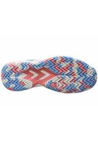 Suola delle scarpe con un motivo a zigzag multicolore in blu, rosso e bianco, dotata di una texture per una presa e stabilità ottimali.