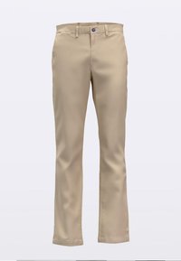 Beige katoenen broek met rechte pijpen, voorzien van een knoopsluiting aan de voorkant en riemlussen. Soepele textuur en klassiek ontwerp.