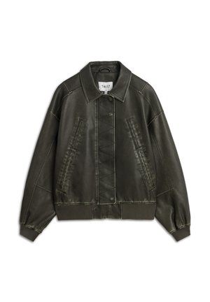 Dunkelgrüne Lederjacke mit einem gesteppten Vorderteil, Kragen und gerippten Manschetten. Verfügt über zwei vordere Taschen und kontrastierende Nähte.