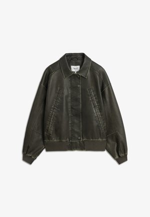 Dark green leather jacket with a quilted front panel, collar, and ribbed cuffs. Features two front pockets and contrasting stitching details.