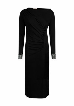 Sort langærmet kjole med draperet front, udstyret med pyntede manchetter med glitrende detaljer og en tætsiddende silhuet.