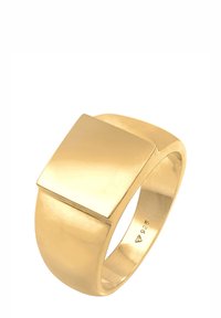 Ring i guldfarvet metal med en bred skive, der har en flad, rektangulær top og glatte, polerede overflader. Markerede med "925" på den indvendige skive.