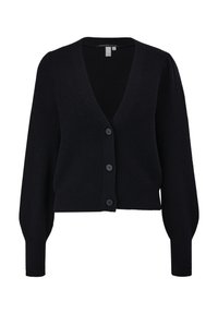 Cardigan noir en maille côtelée avec un col en V, manches longues bouffantes et trois boutons sur le devant, taille petite.