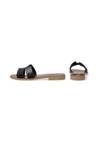 Schwarze Leder-Rutschsandalen mit breiten Überkreuz-Riemen, einer flachen, braunen Sohle und einer glatten Oberfläche, geeignet für legere Anlässe.