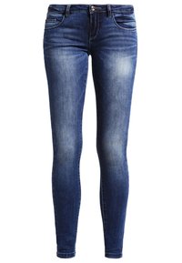 Jeans ajustados en denim azul oscuro con un lavado desgastado, diseño de cinco bolsillos, trabillas para cinturón y cierre de botón metálico. Textura suave.