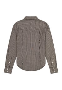Πουκάμισο με μακριά μανίκια και κουμπιά, σε μικρό καρό μοτίβο με καφέ, μαύρο και λευκό, εμφανίζοντας την πίσω πλευρά με λεπτομέρεια αιχμηρού γιακά και κουμπιά στο μανσέτα.