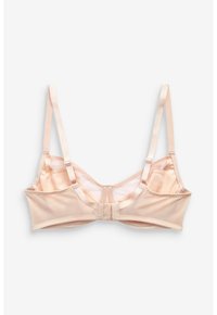 Soutien-gorge beige clair en tissu doux, avec des bretelles réglables et une fermeture à trois crochets. Présente un design lisse et sans coutures, sans embellissements.