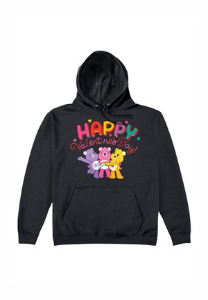 Hoodie noir avec une poche frontale, un capuche à cordon de serrage, et un graphique coloré portant l'inscription "Joyeuse Saint-Valentin !" avec trois ours en cartoon.
