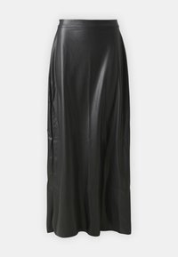 Gonna maxi nera in pelle con una consistenza liscia, vita alta e cuciture verticali, che offre una silhouette aderente e un aspetto drappeggiato.