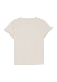 Beige t-shirt met korte mouwen en gerimpelde mouwen. Gemaakt van zachte, lichte stof met een ontspannen pasvorm. Eenvoudig ontwerp, zonder zichtbare patronen of accenten.