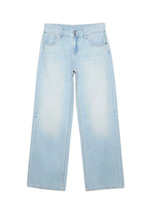 Svijetloplave traperice širokih nogavica s visokim strukom, dvostrukim gumbima i džepovima sprijeda na bijeloj pozadini.