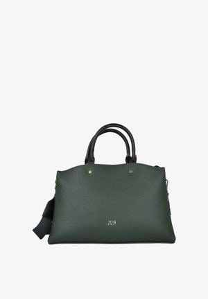 Bolso de mano de cuero verde tipo pebble con detalles en negro, asas dobles, herrajes dorados y una correa de hombro desmontable. Cuenta con una parte superior con cremallera.