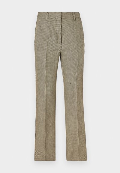 Beige and black checkered tailored trousers with a straight leg, featuring belt loops and side pockets, made of a smooth fabric.