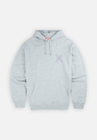 Felpa grigia realizzata in tessuto morbido, con tasca frontale, cappuccio con cordino e una piccola grafica multicolore sul lato sinistro del petto.