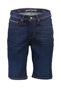 Shorts en denim bleu foncé avec une coupe régulière, dotés de poches avant, d'une fermeture à bouton et de détails de couture orange contrastante.