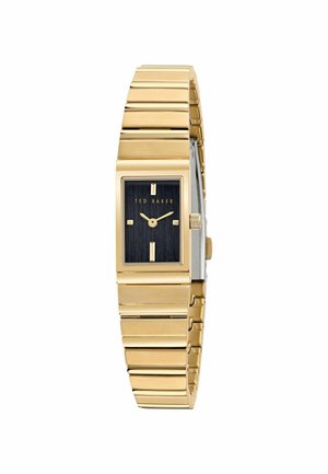 Orologio rettangolare color oro con quadrante nero testurizzato, caratterizzato da indicatori delle ore minimalisti e un bracciale in metallo lucido.