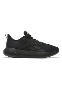 Black athletic sneakers with a mesh upper, rounded toe, textured sole, and minimalist design, featuring a branded accent on the side.