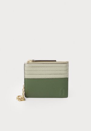 Green and light gray leather wallet with gold hardware, featuring a zip closure, card slots, and a textured stripe design.