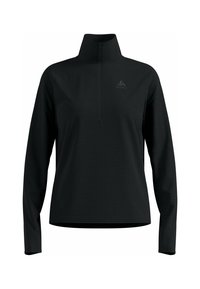 Zwarte lange mouwen top met een halve rits kraag, met een gestructureerd ontwerp, subtiele logo en een aansluitende silhoeët. Soepele stof.