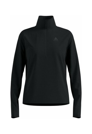 Black long-sleeve top with a half-zip collar, featuring a textured design, subtle logo, and fitted silhouette. Smooth fabric.