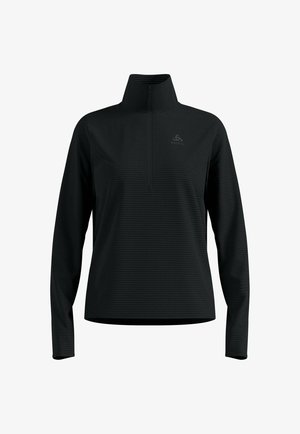 Black long-sleeve top with a half-zip collar, featuring a textured design, subtle logo, and fitted silhouette. Smooth fabric.