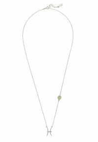 Silver chain necklace featuring a round green stone and a two-pronged accent, showcasing a minimalist design and fine craftsmanship.