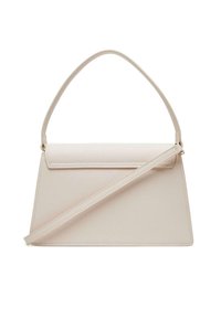 Borsa beige con forma strutturata, dotata di manico superiore e tracolla removibile. Texture liscia con dettagli di cucitura minimi.