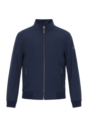 Tengerészkék dzseki álló gallérral, elöl cipzárral és két oldalzsebbel. Simára texturált anyagból készült, bordázott mandzsettákkal és szegéllyel.