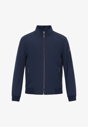 Tengerészkék dzseki álló gallérral, elöl cipzárral és két oldalzsebbel. Simára texturált anyagból készült, bordázott mandzsettákkal és szegéllyel.