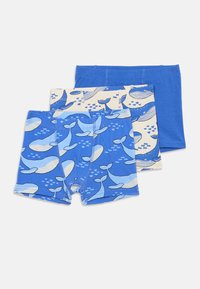 Set of three boys' boxer briefs: two in varying shades of blue, one with whale print on cream background, soft cotton material, elastic waistband.