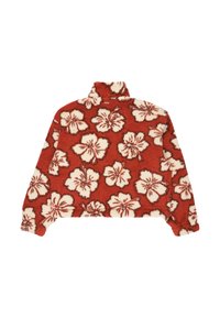 Pullover in pile rosso con motivo floreale bianco a hibiscus, colletto alto e vestibilità relax con superficie texturizzata.