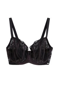 Sort blonde bh med struktureret underwire, gennemsigtige skåle og satin detaljer. Bredde stropper og bølgede kanter fremhæver designet.