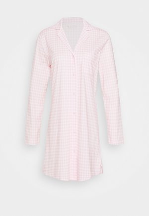 Rochie de noapte lungă cu mâneci lungi, de culoare roz deschis, cu un model în carouri, având o buzunar la piept și o guler. Textură a materialului moale.
