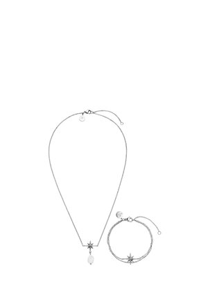 Silver necklace and bracelet each feature a star-shaped charm with a small white pearl pendant and adjustable chain clasps.