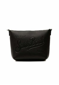 Borsa in pelle nera con un design in rilievo "Dreaming of Saint Barth", dalla texture liscia e forma minimalista. Chiusura con zip superiore.