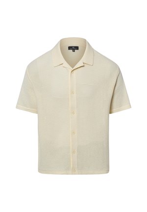 Chemise en maille crème à manches courtes avec boutons devant, col pointu et motif à tissage ouvert texturé.