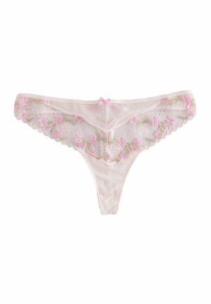 Lace thong in light pink with floral embroidery in pink and gold. Features a smooth texture, sheer design, and a bow accent at the front.