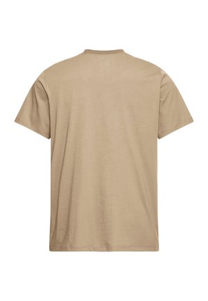 Beiges T-Shirt mit Rundhalsausschnitt, kurzen Ärmeln, aus Baumwollmaterial, glatter Textur, minimalistisches Design, mit einer schlichten, unverzierten Rückansicht.