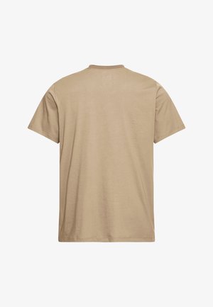 Beige T-shirt met ronde hals, korte mouwen, katoenen materiaal, gladde textuur, minimalistisch ontwerp, met een effen, onversierde achterkant.